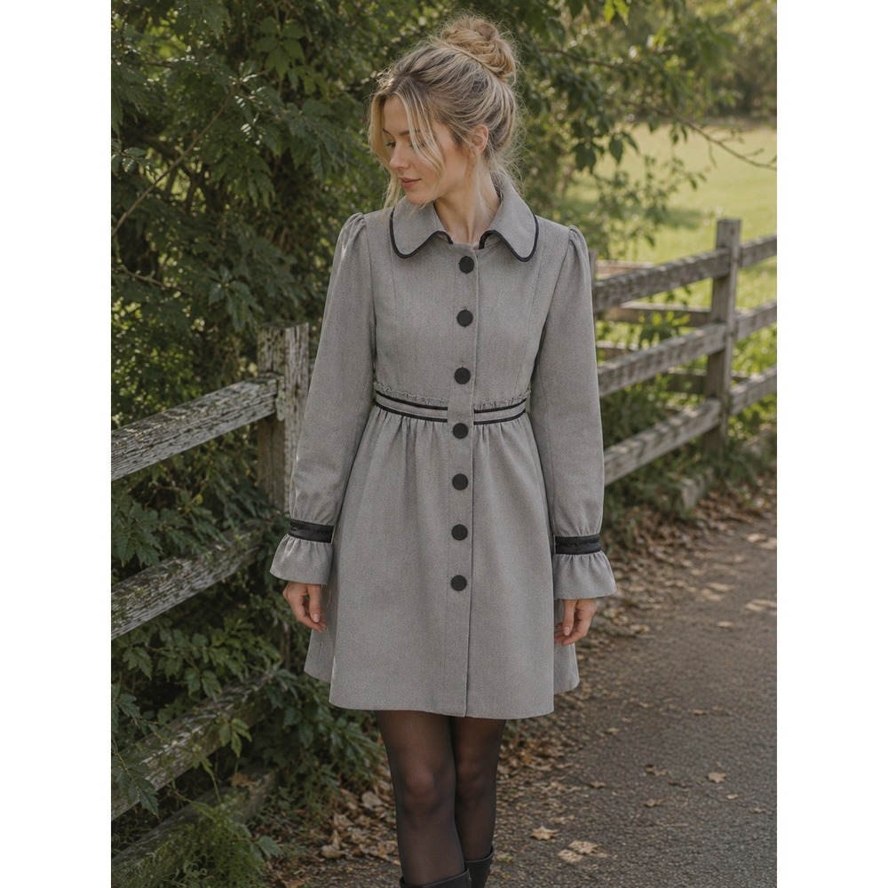 VTG Y2K Wool Blend Coat Ruffle Peter Pan Collar M Cottage Tweemo Whimsygoth Midi